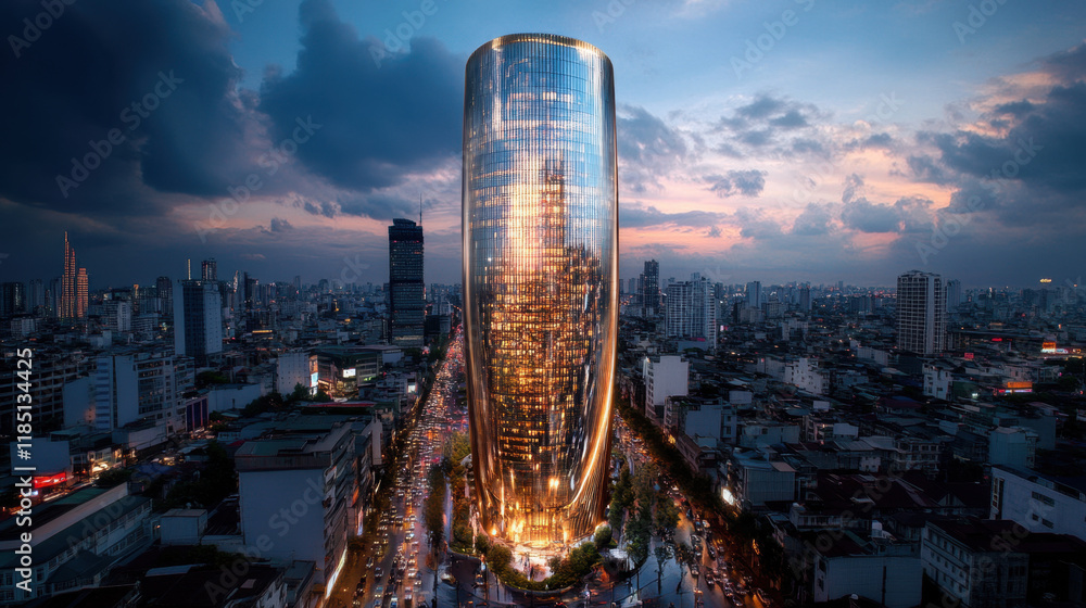 Poster truncated, a futuristic skyscraper design featuring a truncated top and glowing elements, perfect fo
