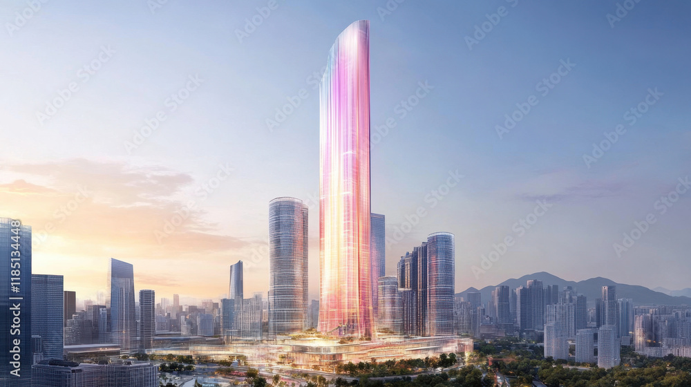 Aufkleber truncated, futuristic skyscraper design featuring a truncated top and glowing elements, ideal for mo