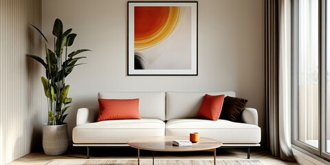 Modern living room, minimalist interior design, white couch, colorful throw pillows, vibrant red and orange abstract artwork, framed wall art, round coffee table, potted plant, neutral walls, natural 