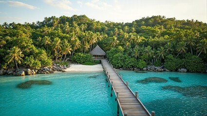 Tranquil tropical lagoon with wooden dock lush jungle and distant thatched hut in soft morning light