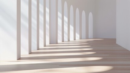 Obraz premium A bright, modern corridor features an elegant door and wooden floors in a minimalist white room design.