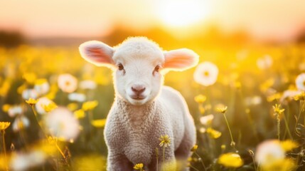 Fototapeta premium A serene sunset casts a warm glow over a lush meadow, where a lone lamb grazes peacefully among the wildflowers.