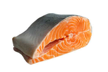 Fresh raw salmon or trout steak isolated on white, transparent background. Sliced fish meat fillet close up, seafood, heathy vegetarian food, cooking ingredient