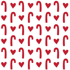 Vector seamless pattern of hand drawn Christmas candies and hearts silhouette isolated on white background