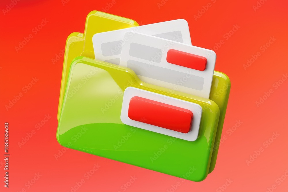 Poster a 3d illustration of a vibrant green and yellow folder containing documents, symbolizing data storag