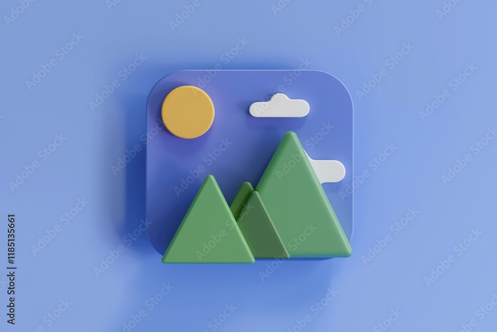 Poster a stylized 3d image depicting a sunny landscape with mountains and clouds.
