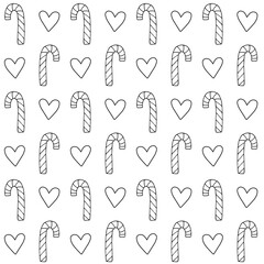 Vector seamless pattern of hand drawn sketch doodle outline Christmas candies and heart isolated on white background