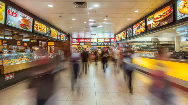 Blurred motion of fast food patrons in a bustling restaurant.
