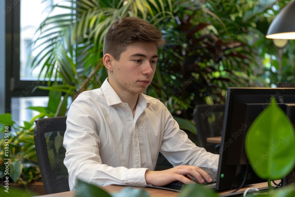 Poster inventor developing a prototype of a new device in a modern office innovations in business