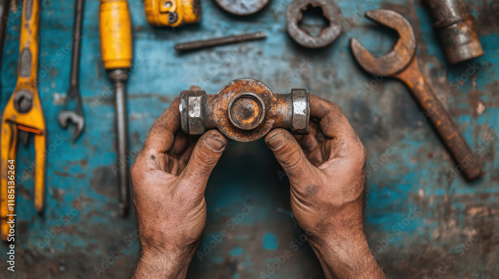 Poster truncated, a person holds a truncated pipe section, captured in a detailed stock image showcasing in