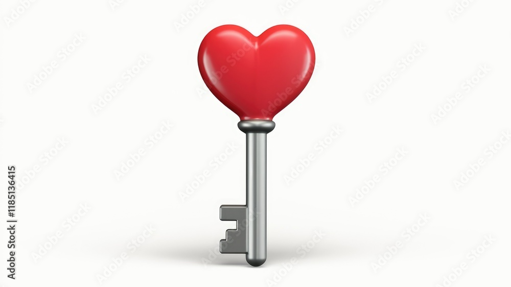 Poster A 3D rendered image of a silver key with a red heart-shaped head.