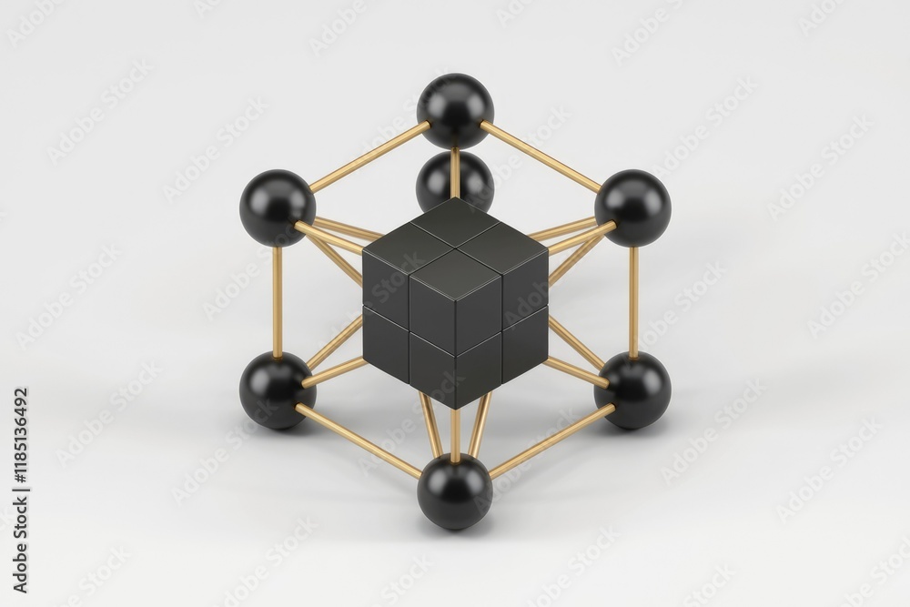Poster a black cube at the center of a 3d geometric structure with gold rods and black spheres.