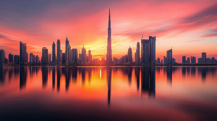 Fototapeta premium Sunset Silhouettes of Majestic Steel and Glass Skyscrapers Reflecting Vibrant Orange and Pink Hues, Showcasing the Interplay of Human Achievement and Nature’s Beauty