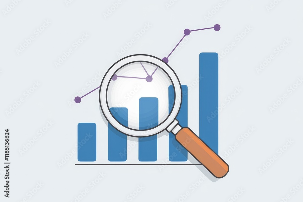 Poster Magnifying glass analyzing a bar graph showing upward trend, indicating growth and progress.
