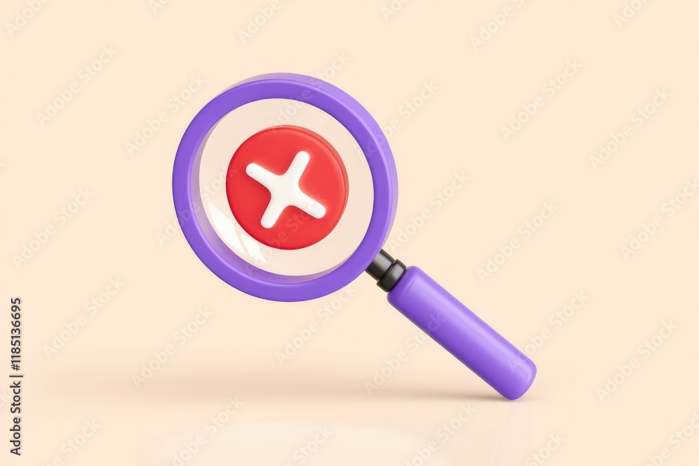 Poster A purple magnifying glass focuses on a red cross symbol, signifying error detection or problem-solving.
