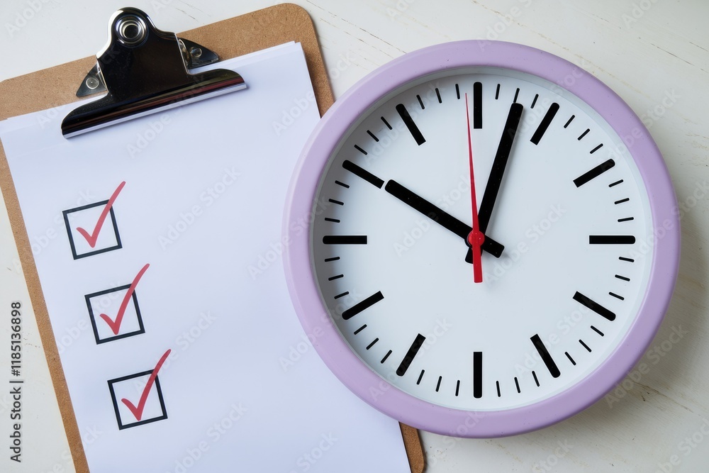 Poster A clipboard with a checklist and a clock emphasizes the importance of time management and task completion.