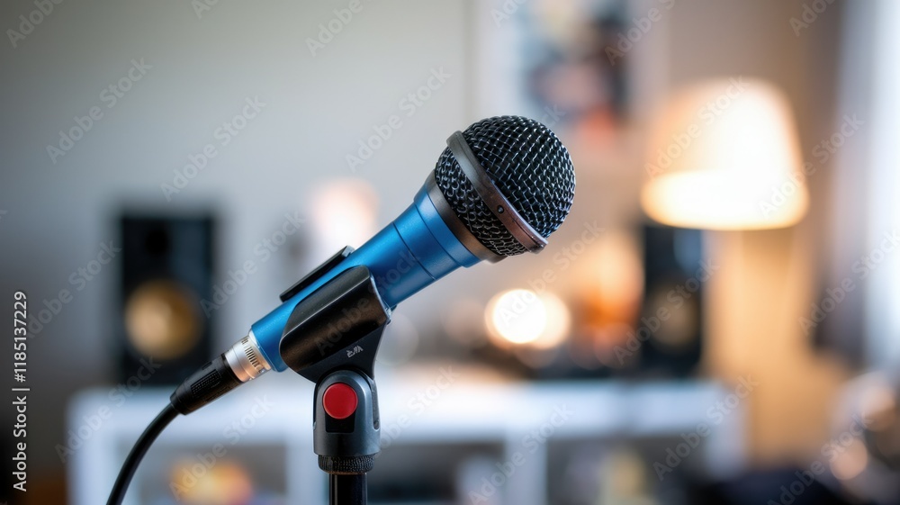 Poster a blue microphone on a stand in a blurred home setting, ready for recording or a live performance.
