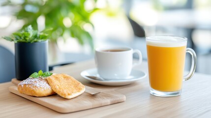 Breakfast delights served at a cozy cafe table with refreshing drinks