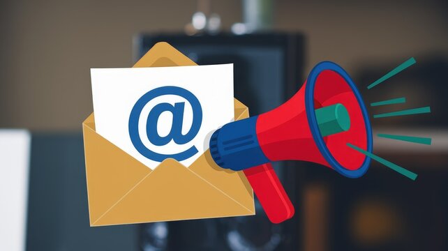 Email marketing announcement using megaphone, promoting newsletter subscriptions and outreach.