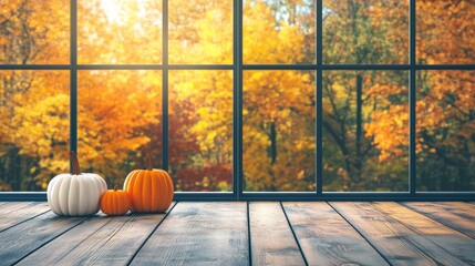 Cozy Autumn Scene with Pumpkins and Vibrant Fall Foliage Seen Through a Large Window Illuminated by Soft Afternoon Light