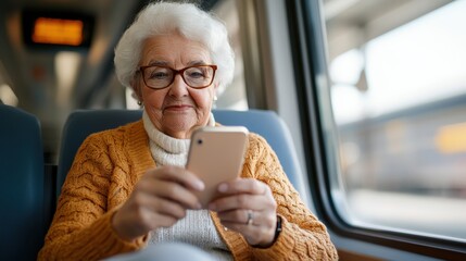 Senior woman enjoys technology while commuting on a train in the city