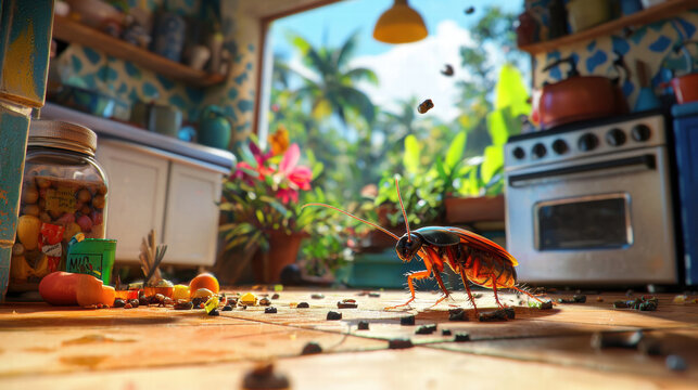 close up of cockroach in messy kitchen corner