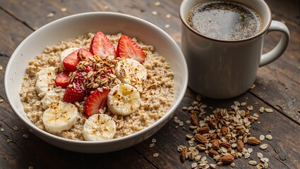 Nutritious oatmeal bowl with bananas strawberries honey and almonds beside a hot coffee on a rustic table