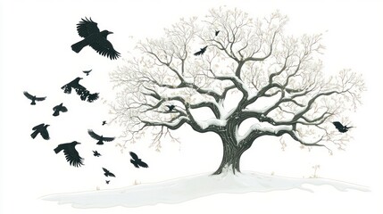 Winter crows flying from snow-covered oak tree