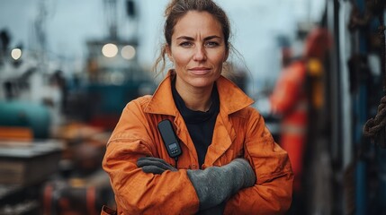 Fototapeta premium Confident woman in workwear communicates on dock during busy day