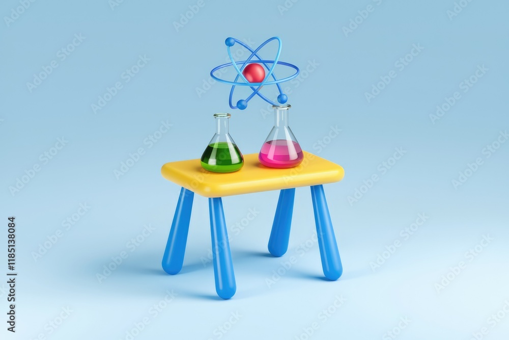 Poster colorful erlenmeyer flasks containing liquids sit on a small table, with an atom model above them, r