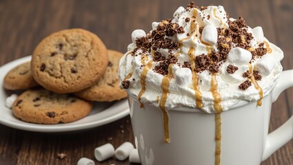 Indulgent hot cocoa with cream marshmallows shavings and caramel beside cookies