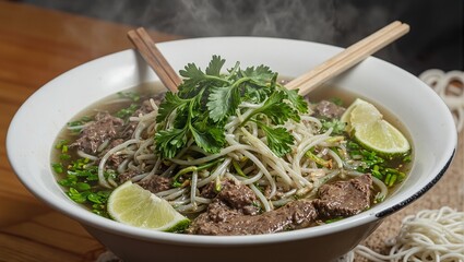 Delicious bowl of Pho with beef noodles bean sprouts lime cilantro and basil Chopsticks on the side