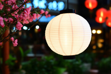 Fototapeta premium A glowing white paper lantern suspended beside vibrant pink blossoms, with a blurred background of warm lights and a night scene