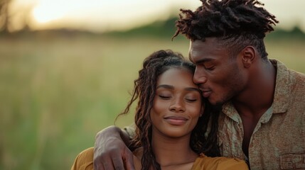 Fototapeta premium Young couple shares a tender moment with a kiss in a sunlit field
