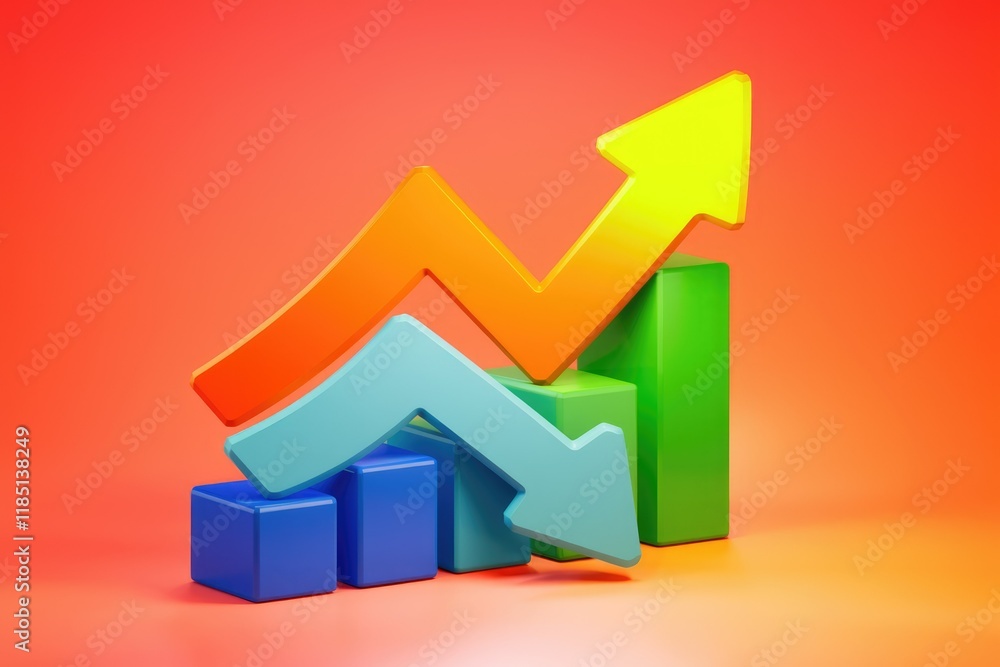 Poster colorful upward and downward arrows on a bar graph illustrate growth and decline trends.