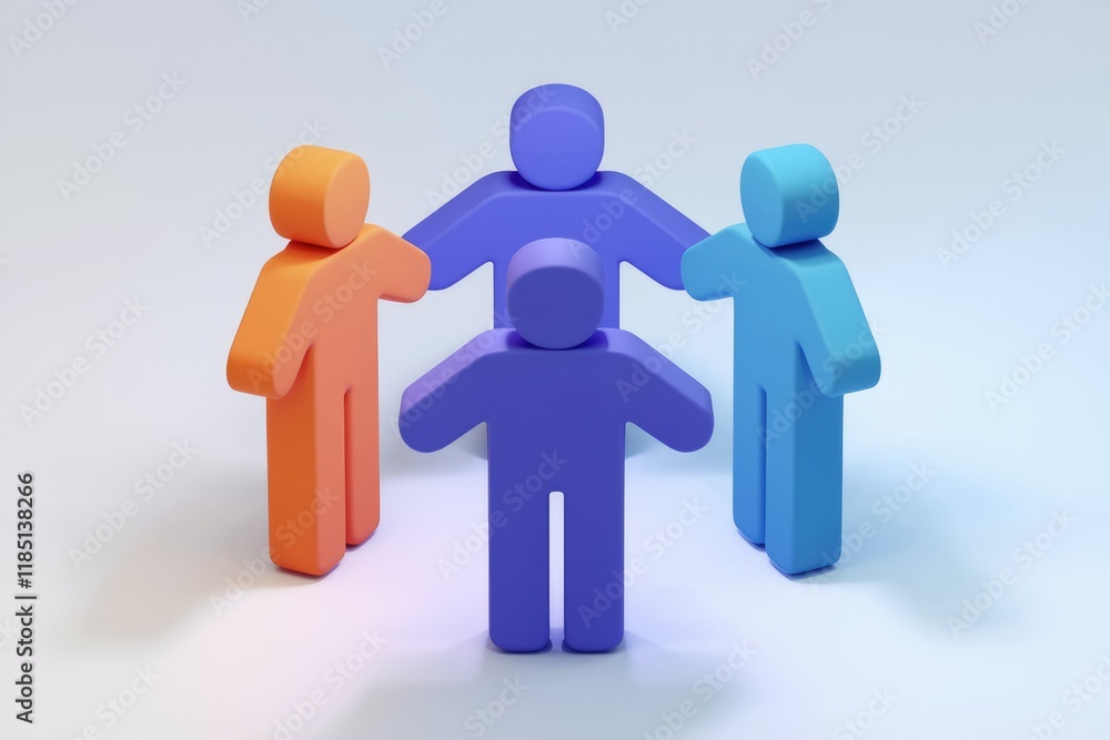 Poster four colorful 3d figures forming a circle, symbolizing unity, teamwork, and collaboration.