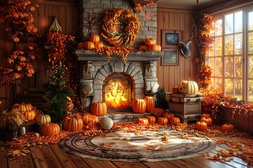 Obraz premium Cozy autumn room with fireplace, pumpkins, and fall leaves.