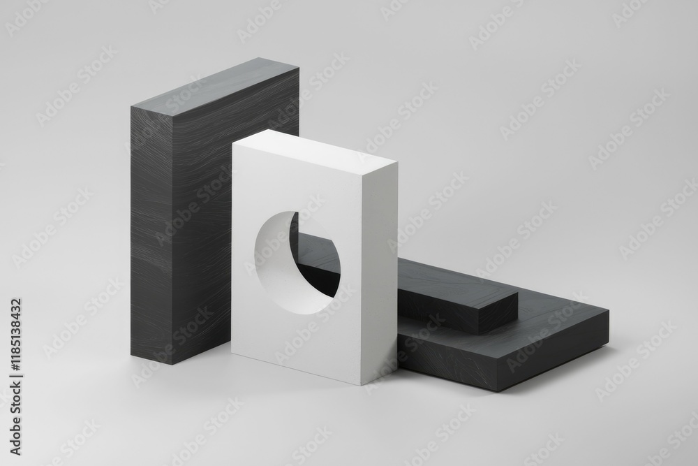 Poster abstract minimalist composition of black and white geometric shapes, showcasing a design concept wit