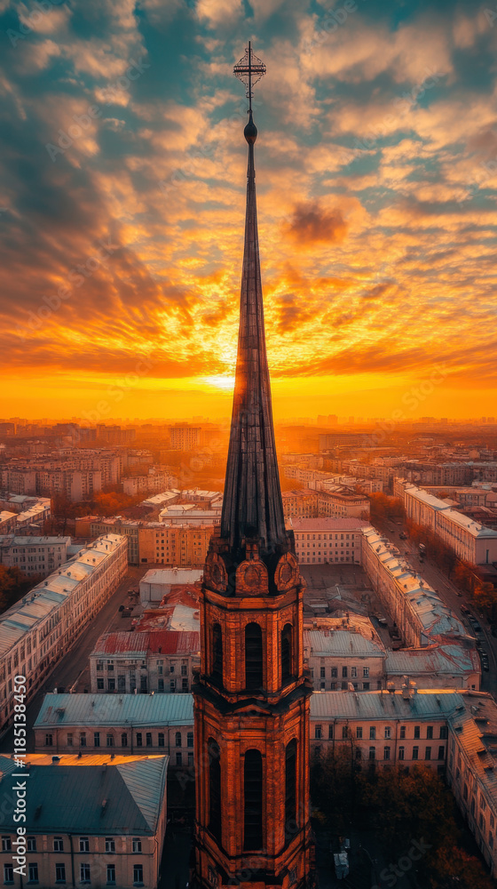 Poster truncated, a tall building featuring a truncated spire, captured in a high-resolution image, ideal f