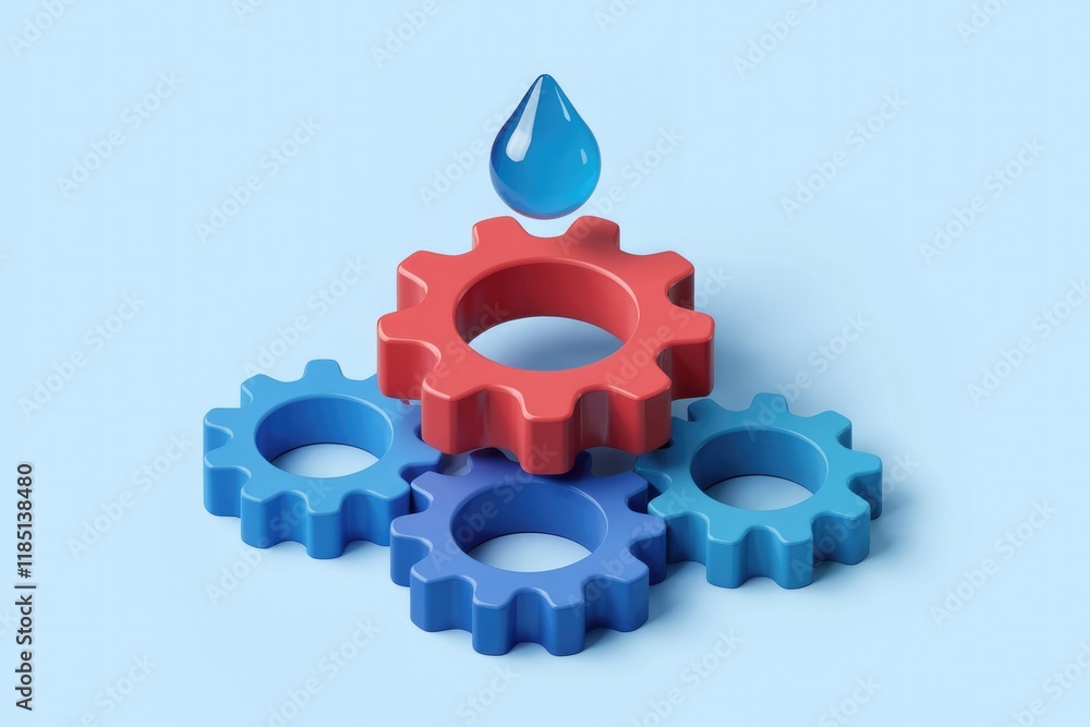 Poster interlocking gears with a water droplet on top represent collaboration and efficiency.