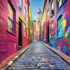 Fototapeta premium Colorful alleyway with vibrant murals and cobblestone street.