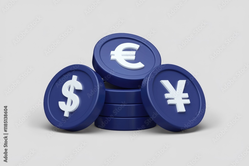 Poster stack of blue coins displaying us dollar, euro, and yen symbols, representing global currency exchan