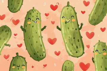 Cute smiling cucumbers with hearts