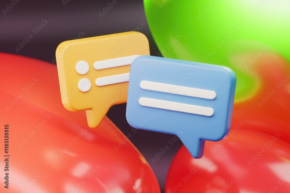 Poster 3D render of two colorful speech bubbles representing communication and messaging.