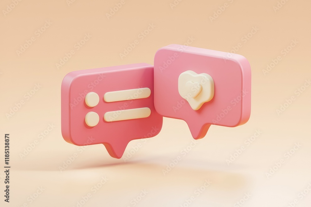 Aufkleber 3d render of pink speech bubbles with love reaction and text message icons.