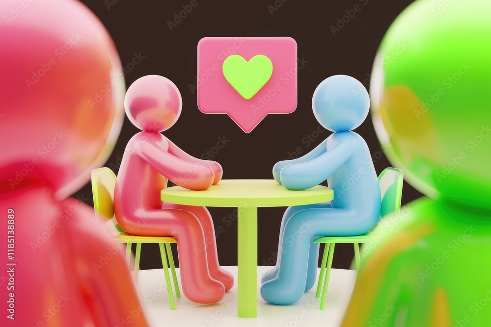 Poster two 3d figures sit at a table with a heart-shaped notification, symbolizing online dating or connect