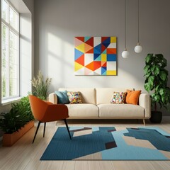Modern living room, colorful geometric rug, abstract wall art, floor-to-ceiling windows, natural light, minimalist furniture, potted plants, cozy sofa, orange armchair, wooden coffee table, contempora