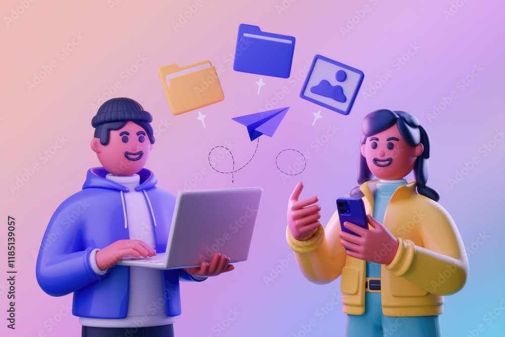 Poster two 3d characters, one on a laptop and one on a phone, share files wirelessly through a paper airpla