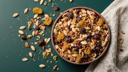 Vibrant trail mix with dark chocolate peanuts seeds and raisins on green backdrop