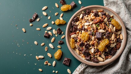 Vibrant trail mix with dark chocolate peanuts seeds and raisins on green backdrop